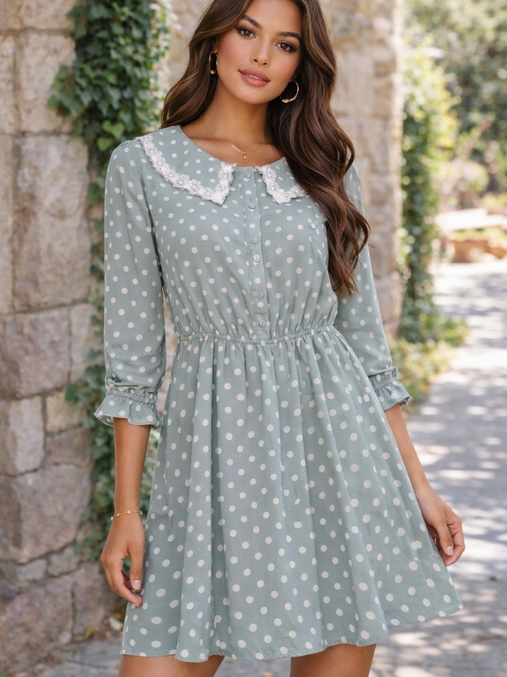 Allegra K XS NWT Sage Green Polka Dot Dress Lace Collar Button Front Cottagecore